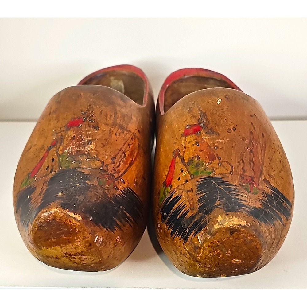 Vintage Wood Dutch Clogs Pair Hand-Painted Holland Windmill Brown Black Red